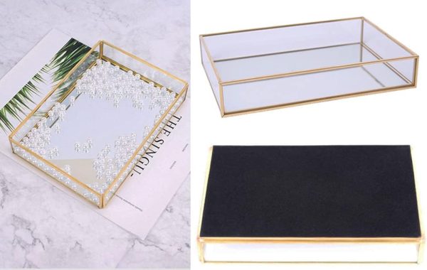 wholesale direct sooyee rectangle mirror decorative tray, gold can hold perfume, jewelry, cosmetics, makeup, magazine and more, for vanity,dresser,bathroom,bedroom(12”x8”) bulk purchase at factory prices