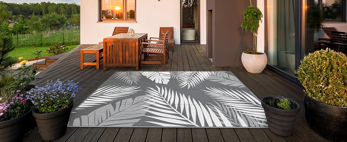 manufacturer direct genimo outdoor rug 5' x 8' waterproof for patios clearance, reversible plastic straw camping carpet, large area rugs mats for rv, picnic, backyard, deck, balcony, porch, beach, grey&white trade price