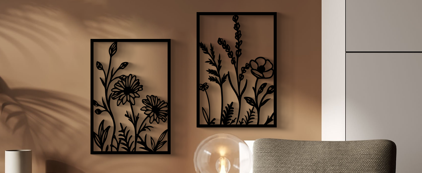 factory direct glamativity 4 pcs black abstract flowers metal wall art, 17 x 12'' minimalist floral single line wall décor, 3d textured sculptures, rustic nature wall art décor for living room, bedroom, study volume discount