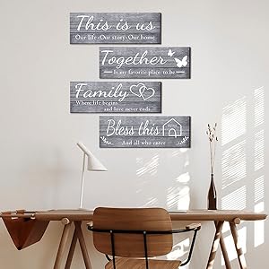bulk purchase joyhawk 4 pieces wall decor signs, this is us, together, bless this home, family rustic wooden farmhouse wall art décor for living room bedroom kitchen, , 4.7 x 13.8 inch(grey) trade price