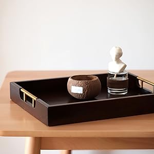 wholesale direct joy&grace acacia wooden serving tray with metal handles 16.8 x 12.8 inch ottoman tray for living room coffee table large wood decorative tray color brown bulk purchase at factory prices