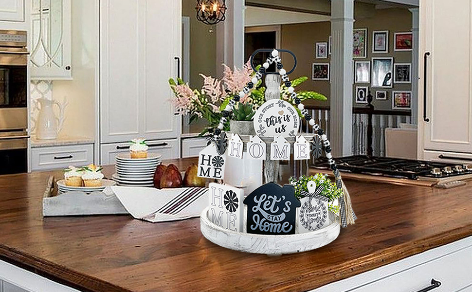wholesale direct farmhouse 2 tiered tray stand for home decor, wooden serving tiered tray for coffee bar table centerpiece, decorative trays kit for countryside, round rustic stand for cake cupcake(white) bulk purchase at factory prices