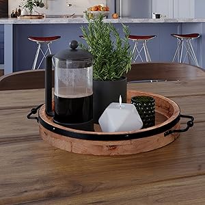 wholesale direct round coffee table tray - 13'' farmhouse wood serving tray with metal handles - round decorative tray for coffee table - round ottoman tray decor - wooden circle tray for kitchen counter bulk purchase at factory prices