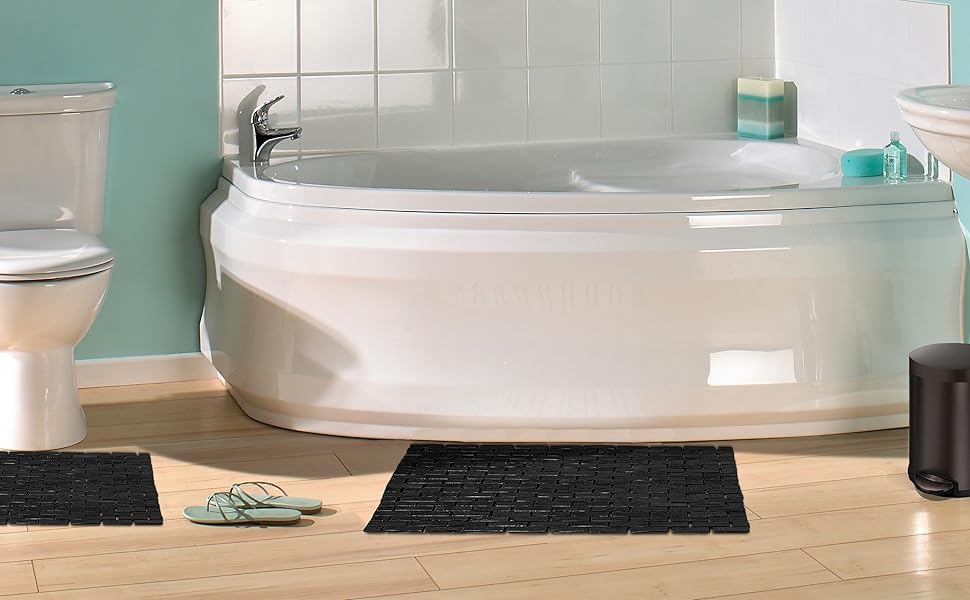 manufacturer direct bamboo bath mat - black coated, stain proof [16x24-inch wxl - bathroom floor, tub step, spa, sauna mat - great under pad for rugs, air flow, quick dry - foldable bathmat trade price