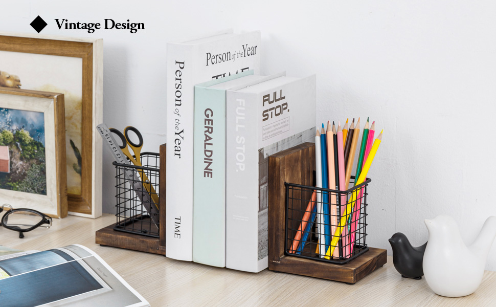 supplier direct mygift rustic burnt wood decorative bookends for heavy books with matte black metal wire basket pencil cup and office supplies storage baskets, 1-pair wholesale prices