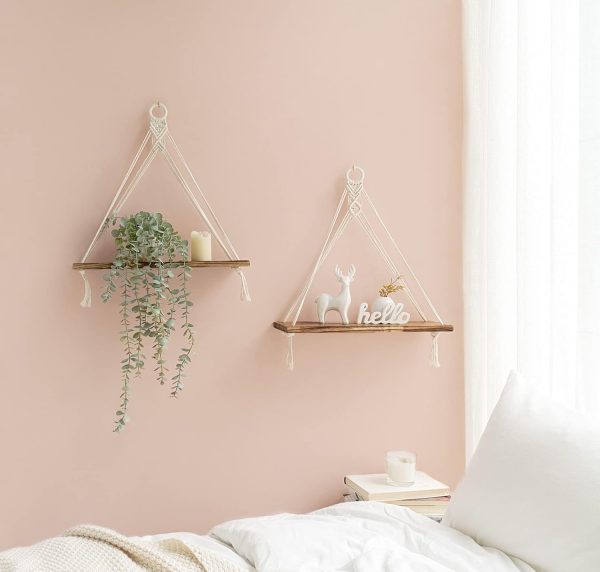 bulk purchase mkono macrame hanging shelves boho wall decor set of 2 rustic wood floating storage shelf for bedroom bathroom living room nursery dorm room, display shelving for hanging plants photos trade price