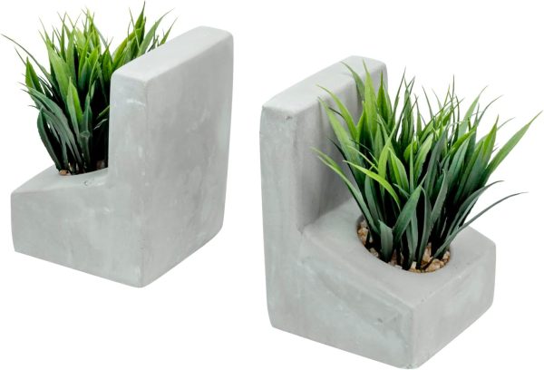 supplier direct mygift modern gray concrete l-shaped bookends for heavy books with artificial green grass plants, decorative heavy duty book stands for office desktop or bookshelf, 1 pair wholesale prices