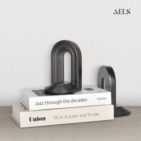 supplier direct aels mordern bookends, mid century arch heavy duty book ends, unique decorative bookend supports for shelves, office desktop book stand, stopper for books/movies/cd,thanksgiving, black wholesale prices