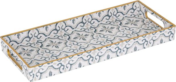 wholesale direct maoname white decorative tray, plastic vanity tray with handles, rectangular moroccan tray, long narrow tray for bathroom, toilet tank, 13.8" x 6" x 1.57" bulk purchase at factory prices