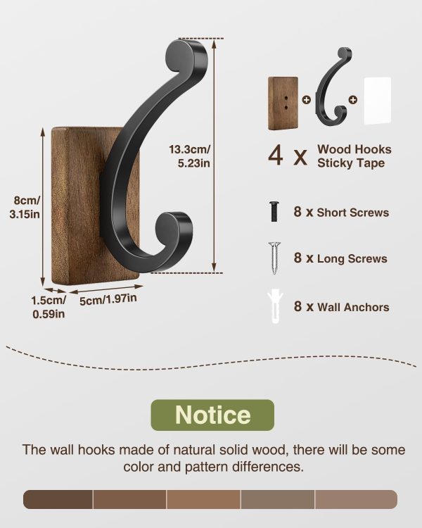 competitive pricing wall hooks for hanging towel - black rustic wood coat hook,4 pack hooks wall mounted for towel, coat, cloth, purse, hat, key, decorative bathroom shower kitchen one-stop wholesale