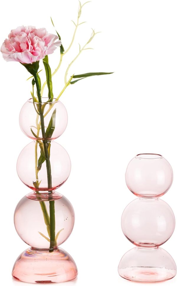oem/odm services glass bubble vases for flowers, hewory 2pcs pink unique cute single flower vase for centerpieces, funky aesthetic vase skinny bud vase, cool groovy decor for home living room bedroom office tabletop affordable bulk deals