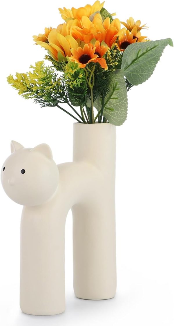 oem/odm services cat shaped ceramic vase, kitty decorative vase, floral kitty vase decor, cat table centerpiece, cute u-shaped tube vase for home living room office bedroom affordable bulk deals