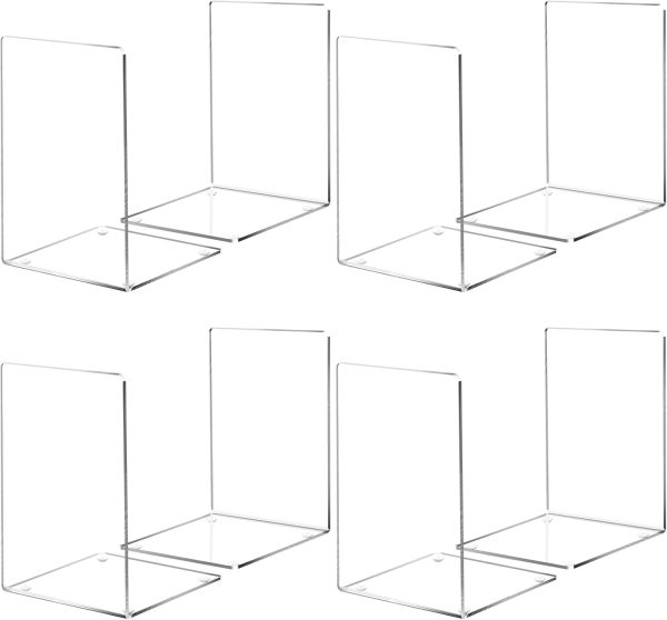 supplier direct happyhapi book ends, 8 pcs book ends acrylic bookends for shelves, clear book holder stand, non-skid decorative bookend, study book organizer for home library office, 5 x 5 x 7.3 inch wholesale prices