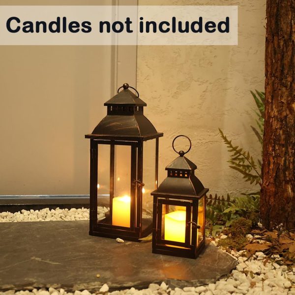 custom wholesale needomo lanterns decorative outdoor&indoor, set of 2 large bronze metal lantern decor with glass, candle holder for porch, patio, garden, balcony, wedding, table centerpiece decorations oem/odm services