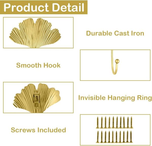 competitive pricing 7pcs leaves wall hooks for hanging heavy duty, gold iron decorative hooks for coat towel hat wall mount hangers racks for bathroom, kitchen, door, wardrobe, farmhouse (include screws) one-stop wholesale