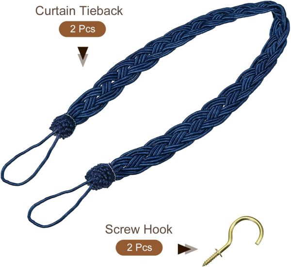 bulk purchase uxcell 2pcs curtain tiebacks, 58cm/23 braided drapery holdback holder decorative rope tie back with 2 metal hooks, navy blue factory discount