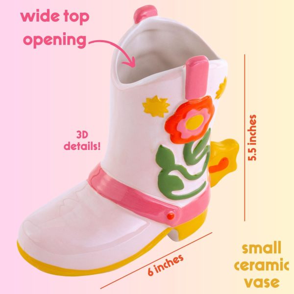 oem/odm services ban.do small cowboy boot vase, cute cowgirl boot vase, colorful ceramic shelf decor for home or office, unique/quirky/funky/fun flower vase doubles as pencil cup, giddy up affordable bulk deals