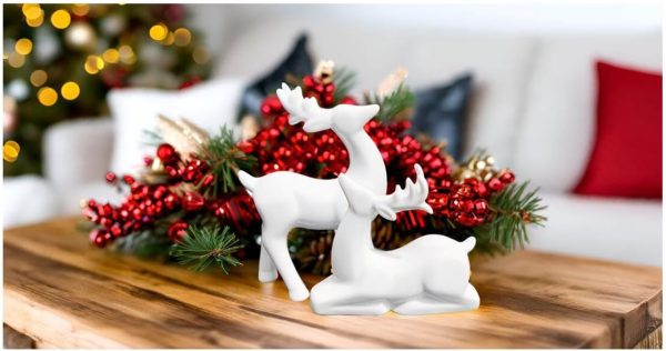dropship from factory porcelain christmas reindeer figurines, pack 2 mini animal reindeer decor deer statues sculpture tabletop ornaments for cabinet mantel shelves fireplace home décor accents collectible figurines mass production supply