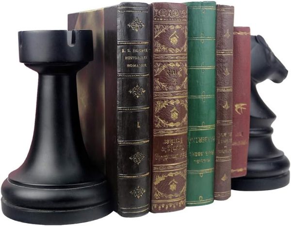supplier direct decorative bookends chess bookends, black book ends heavy book supports, unique bookends decor for office home desk bookrack, 7"(l) x4(w) x7(h), 1pair/2piece wholesale prices