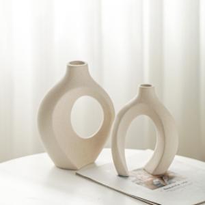 dropship from factory snuggle hollow ceramic vase set of 2, nordic modern boho ins style decorative ceramic aesthetic flower vase for home decor (milky white w 6.3