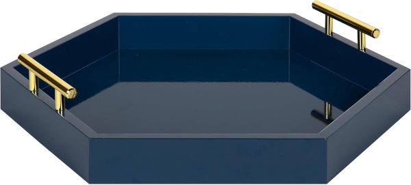 wholesale direct kate and laurel lipton hexagon decorative tray with polished metal handles, navy blue and gold bulk purchase at factory prices