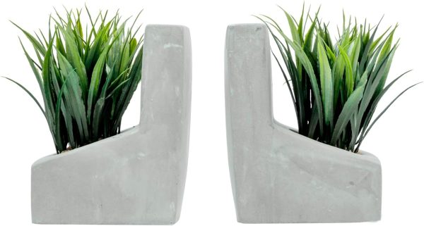 supplier direct mygift modern gray concrete l-shaped bookends for heavy books with artificial green grass plants, decorative heavy duty book stands for office desktop or bookshelf, 1 pair wholesale prices