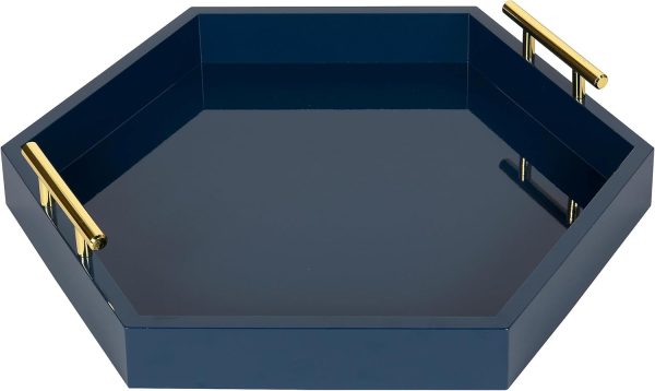 wholesale direct kate and laurel lipton hexagon decorative tray with polished metal handles, navy blue and gold bulk purchase at factory prices