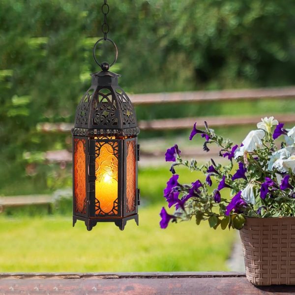 custom wholesale needomo moroccan lanterns decorative indoor & outdoor, hanging candle lantern, 11'' vintage candle holder, metal lanterns decorative, table, patio, porch, shelf, ramadan decorations (amber) oem/odm services