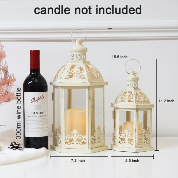 custom wholesale lanterns decorative outdoor&indoor, set of 2 (15"&11") beige metal lantern decor with glass, candle holder for porch, patio, garden, fall, wedding, christmas, table centerpiece oem/odm services
