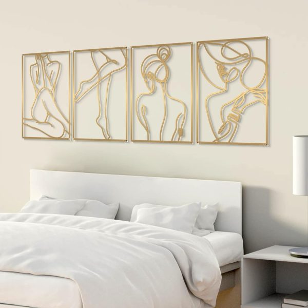 factory direct glamativity 4 pack gold wall art décor, minimalist décor single line art wall décor, real metal wall art, woman's body shape abstract wall art (gold elegant style, m size 17 x 11.8'') volume discount