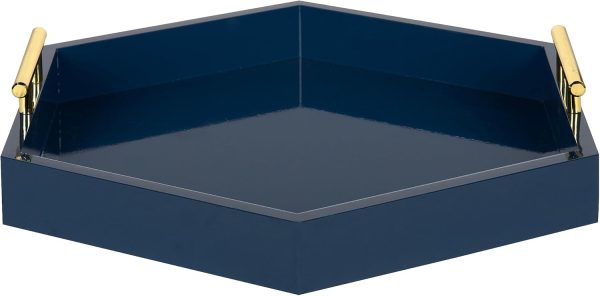 wholesale direct kate and laurel lipton hexagon decorative tray with polished metal handles, navy blue and gold bulk purchase at factory prices