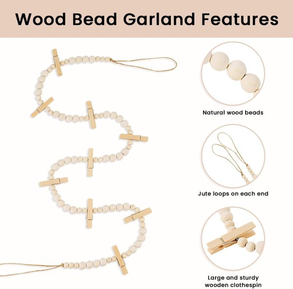 bulk purchase hanging photo display wall decor, 2pcs boho wooden bead garland collage picture frame with 9 wood clips for bedroom, living room, office, dorm decor, photos holder teen girl gifts trade price