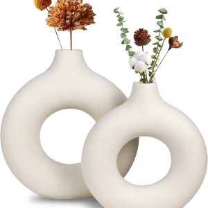 oem/odm services white ceramic vase, modern vase for minimalist decor, hollow round matte pampas flower vases for boho home wedding party room dinner table shelf decor (2pcs) affordable bulk deals