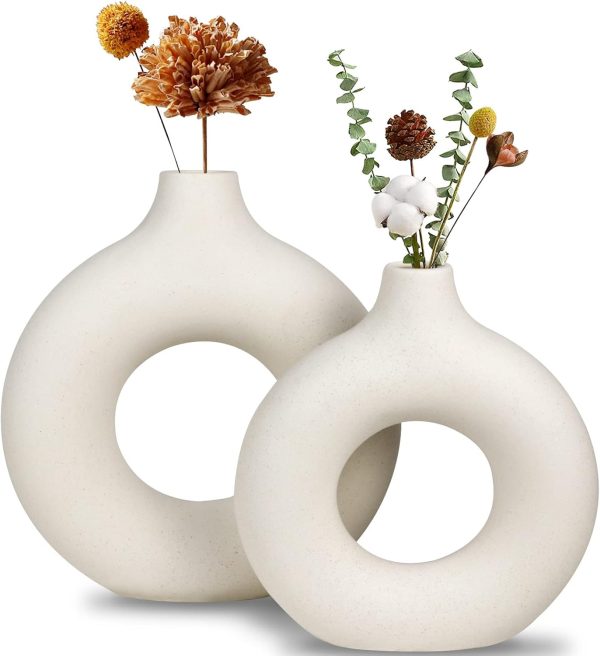 oem/odm services white ceramic vase, modern vase for minimalist decor, hollow round matte pampas flower vases for boho home wedding party room dinner table shelf decor (2pcs) affordable bulk deals