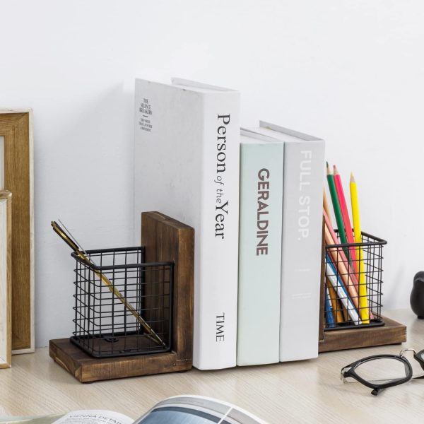 supplier direct mygift rustic burnt wood decorative bookends for heavy books with matte black metal wire basket pencil cup and office supplies storage baskets, 1-pair wholesale prices