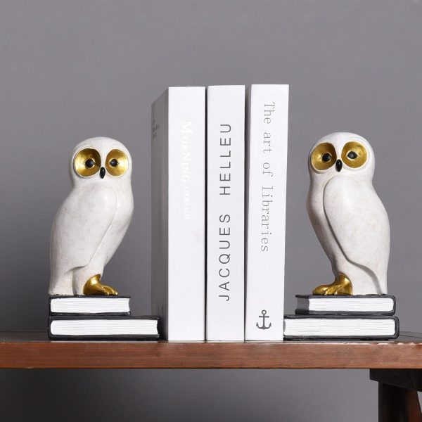 supplier direct book ends for shelves, owl decorative bookends bronze bird book stopper unique kids book holders with anti-slip base luxurious bookends for kids rooms office home decor(white) wholesale prices