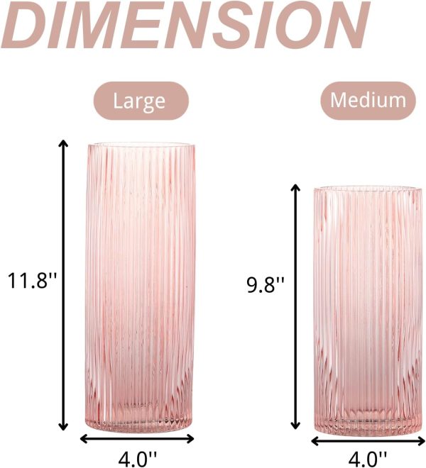 oem/odm services pink glass vase, glass flower vase, ribbed glass vase, pink vase, tall cylinder glass vase for centerpieces, living room, bedroom, dining table, office, wedding, bookshelf decoration,10 inches affordable bulk deals