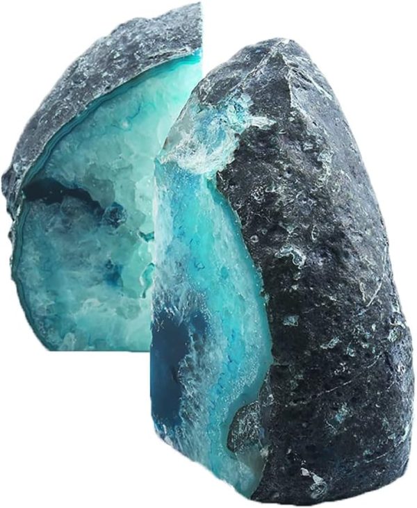 supplier direct amoystone agate geode bookends heavy duty stone book ends decorative bookend holder home office decor with rubber bumpers teal 1 pair, 2-3 lbs wholesale prices