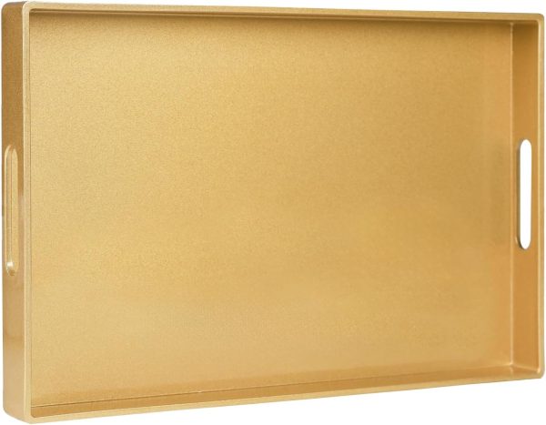 wholesale direct maoname gold decorative tray for coffee table, modern serving tray with handles, plastic ottoman tray, bathroom decor, 15.8" l x 10.2" w x 1.4" h bulk purchase at factory prices