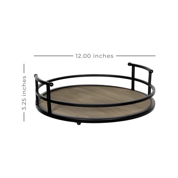 wholesale direct stratton home decor metal and wood round tray | wooden coffee table tray decor for empty table surfaces | decorative round serving tray with handles bulk purchase at factory prices