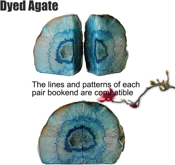 supplier direct amoystone agate geode bookends heavy duty stone book ends decorative bookend holder home office decor with rubber bumpers teal 1 pair, 2-3 lbs wholesale prices