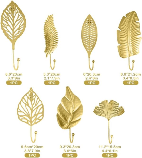 competitive pricing 7pcs leaves wall hooks for hanging heavy duty, gold iron decorative hooks for coat towel hat wall mount hangers racks for bathroom, kitchen, door, wardrobe, farmhouse (include screws) one-stop wholesale