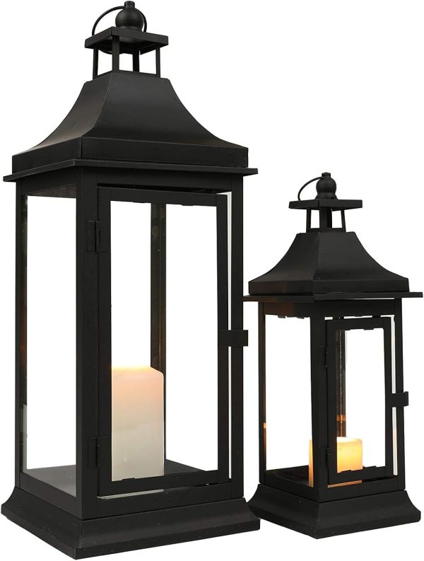 custom wholesale jhy design set of 2 13''&19.5''tall outdoor candle lanterns vintage hanging tower lantern metal candle holder for garden living room indoor outdoor parties weddings balcony(black) oem/odm services