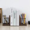 supplier direct mygift rustic burnt wood decorative bookends for heavy books with matte black metal wire basket pencil cup and office supplies storage baskets, 1-pair wholesale prices