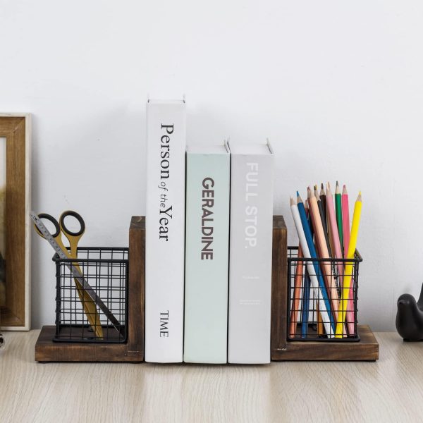 supplier direct mygift rustic burnt wood decorative bookends for heavy books with matte black metal wire basket pencil cup and office supplies storage baskets, 1-pair wholesale prices