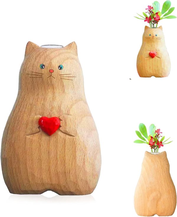 oem/odm services cat vase handmade wooden vase, home decor small vases,solid wood cat statue holding heart shaped,modern creative cat decor affordable bulk deals