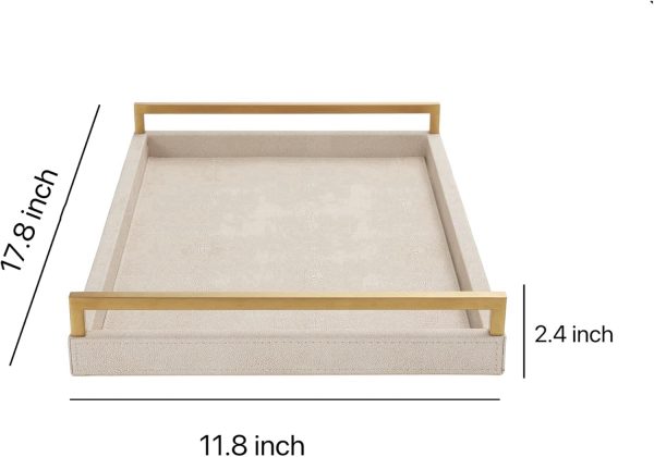 wholesale direct wv 17.8 * 11.8 “ ivory shagreen large serving tray, faux leather home decorative tray, coffee table ottoman tray with brushed gold stainless steel handle （ivory bulk purchase at factory prices