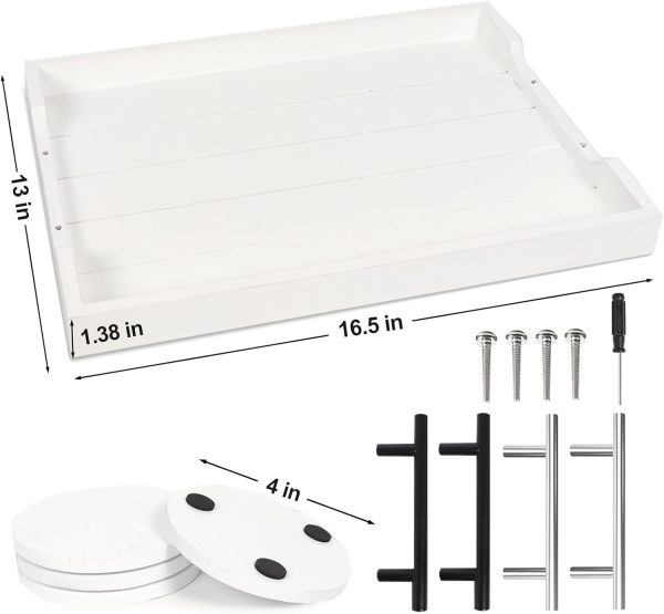 wholesale direct coffee table tray - large ottoman tray for living room - wood serving tray with handles(2 sets) - wooden tray for coffee table, 4 round coasters included, white bulk purchase at factory prices