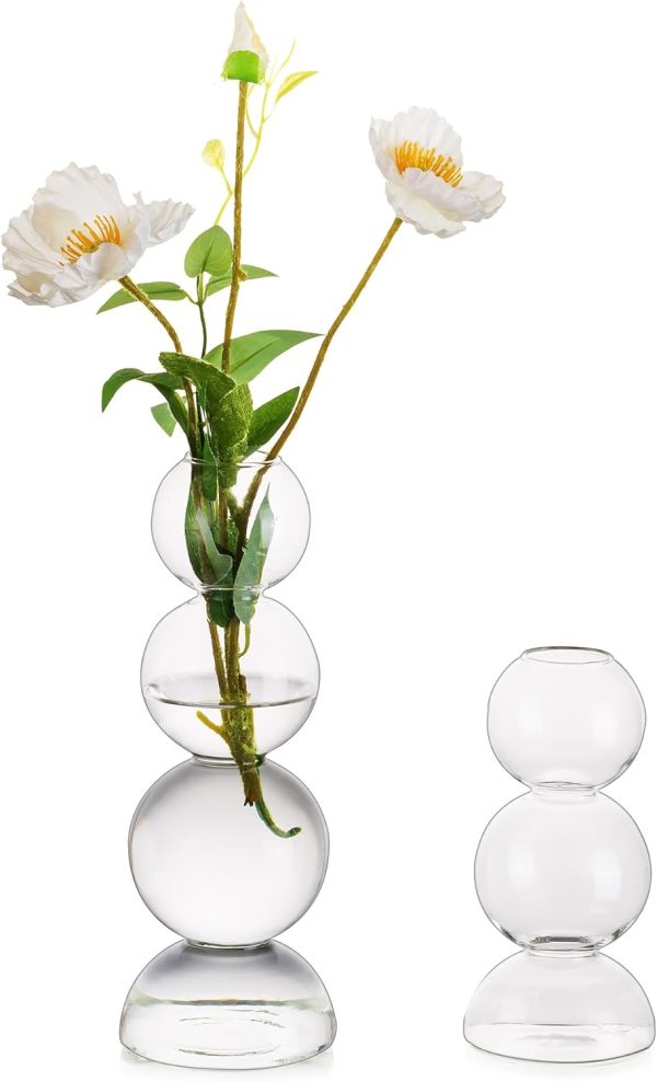 oem/odm services glass bubble vases for flowers, hewory 2pcs clear unique cute single flower vase for centerpieces, funky aesthetic vase skinny bud vase, cool groovy decor for home living room bedroom office tabletop affordable bulk deals