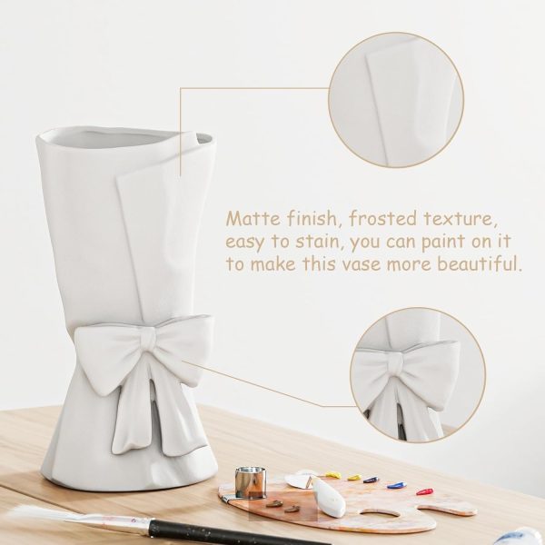 oem/odm services white ceramic vase unique cute bow decorative bouquet flower vases, 9.64in large modern dried flowers tulips branches vase for home living room table decor women girl gifts affordable bulk deals